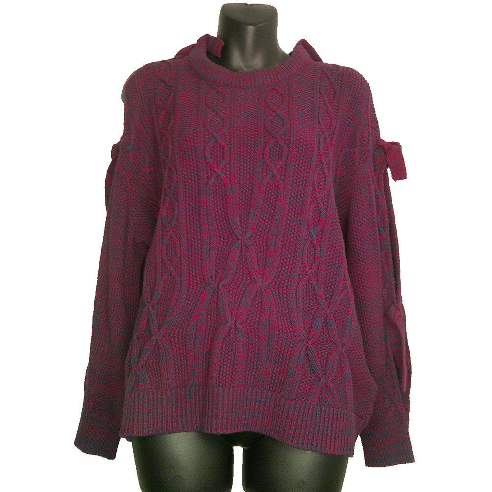 Project Naadam Women's Medium Cold Shoulder Knit Woven Sweater with Tie Sleeves